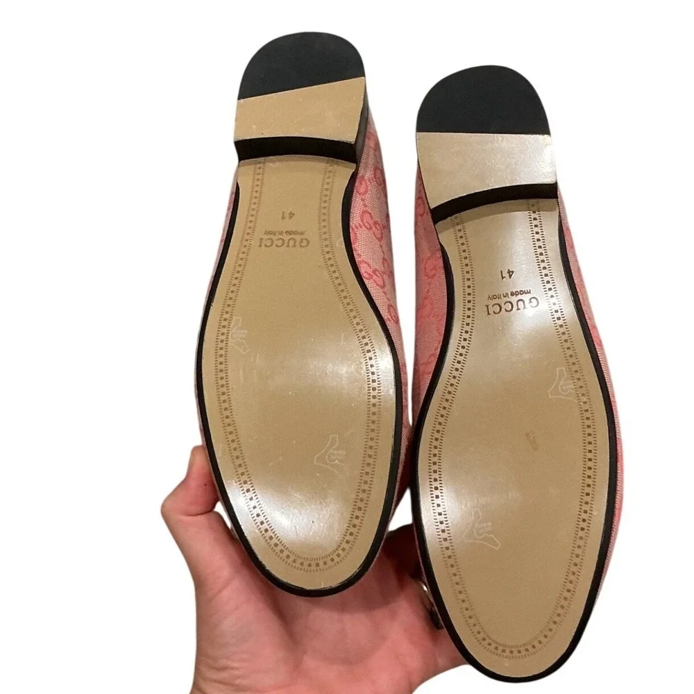 Gucci Jordaan Loafers Pink GG Monogram Canvas Horsebit Shoes IT 41 Mens 8 US